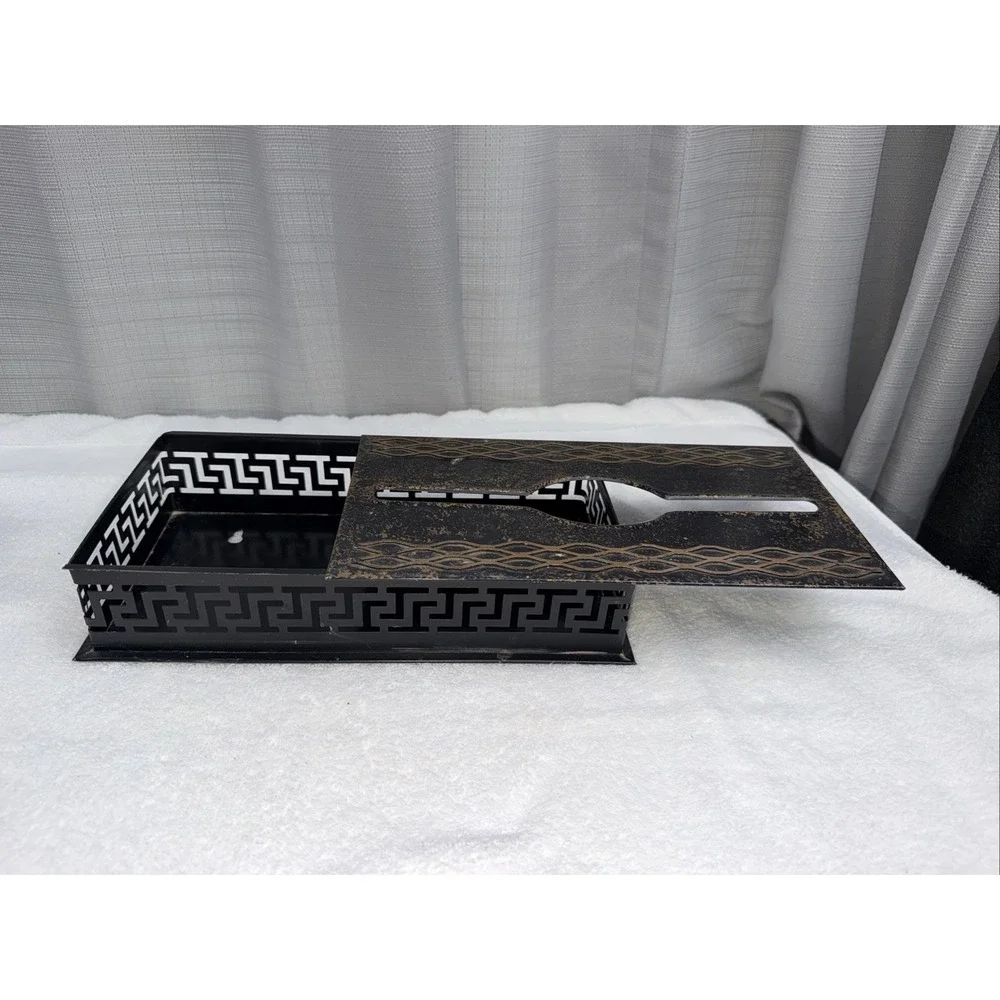 Plymouth Tole Ware Metal Hand Decorated  Black & Gold Wall Tissue Box Cover Long